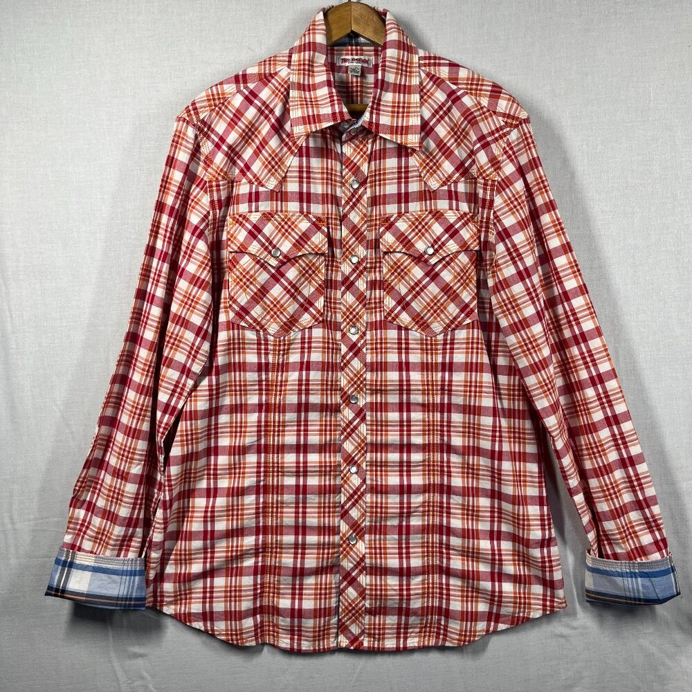 True Religion Shirt Mens Large Western Pearl Snap Long Sleeve Plaid Cotton Cuff